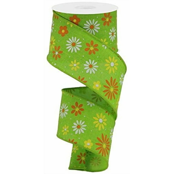 Daisy Wired Ribbon, Yellow Green, White, 2.5 Inches x 10 Yard, Spring, Summer, Flower, Mother