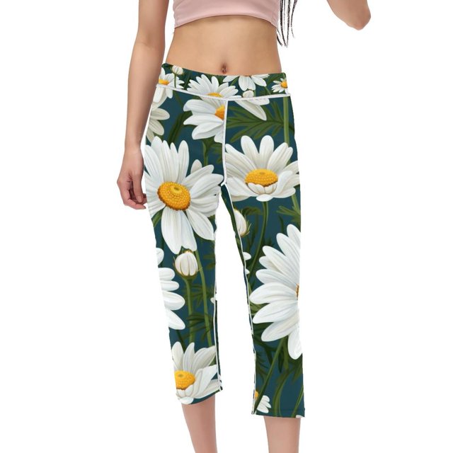 Daisy Women High Waist Capris Compression Leggings, NonSeeThrough