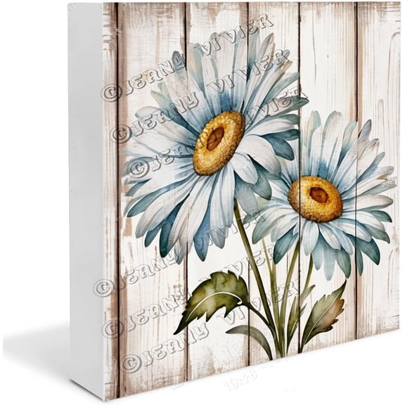 Daisy Wooden Box Sign Gifts for Coworkers Funny Spring Decor for Table Chic Desk Accessories Rustic Decorations for Party Wood Block Signs For Shelf Desk Decoration 7x7 in