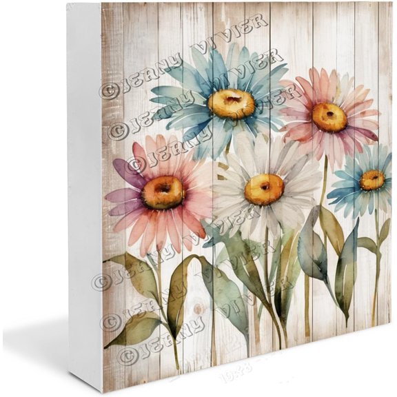 Daisy Wooden Box Sign Gifts for Sisters Funny Spring Decor for Party Shabby Chic Easter Decor Rustic Table Decor Wood Block Signs For Shelf Desk Decoration 7x7 in