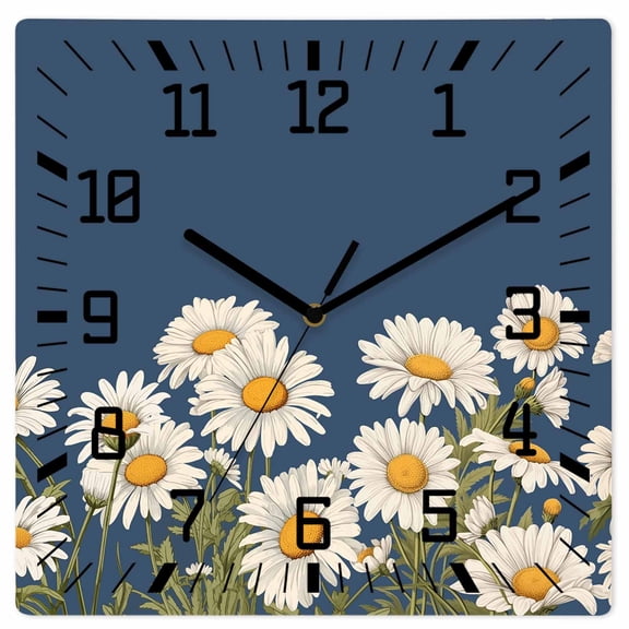 Daisy Wooden Wall Clock Silent Non Ticking, Spring Floral Summer Botanical Elegant Navy Blue Square Wall Clocks Battery Operated, Decor Clock for Home Office, Living Room, Kitchen, 12 Inch