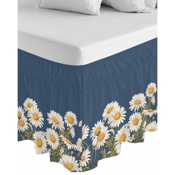 Daisy Wrap Around Bed Skirts for California King Bed 16" Drop,Bed Skirt with Adjustable Elastic Belt Dust Ruffle Bed Valance Spring Floral Summer Botanical Elegant Navy Blue Bed Frame Cover