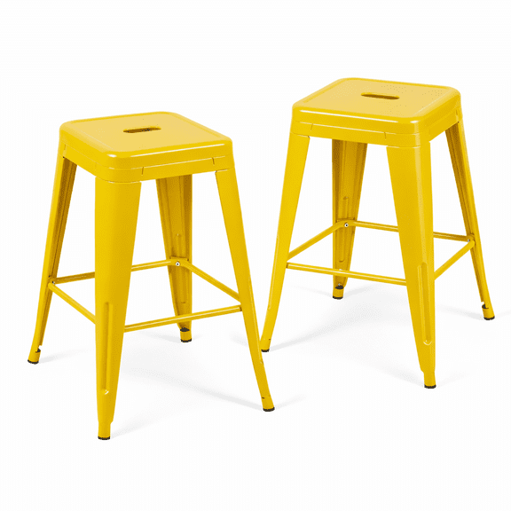 Daisy Yellow Metal Bar Stools Set of 2, 24" Cheerful Counter Height Stools, Bright Yellow Stackable Outdoor Patio Stools, Portable One-Piece Steel Chairs for Sunroom