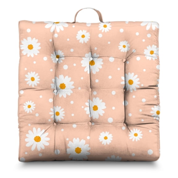 Daisy and Bee Illustration Tatami Mat - 24" Square Thick Floor Cushion, Nine-Point Stitching, Daisy Print for Meditation