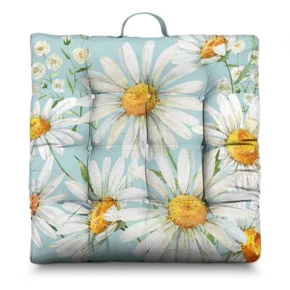 Daisy and Bee Illustration Tatami Mat - 24" Square Thick Floor Cushion, Nine-Point Stitching, Daisy Print for Meditation
