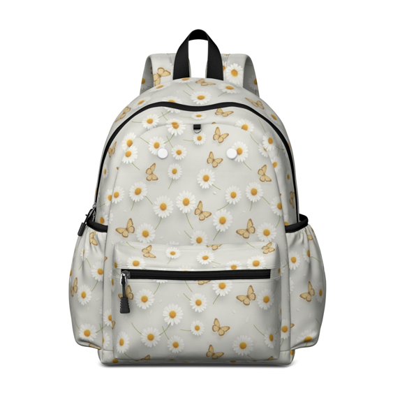 Daisy and Butterfly Beige Pattern Cute School Backpack with Padded Back and Adjustable Shoulder Straps 13.4"x11"x4.7"