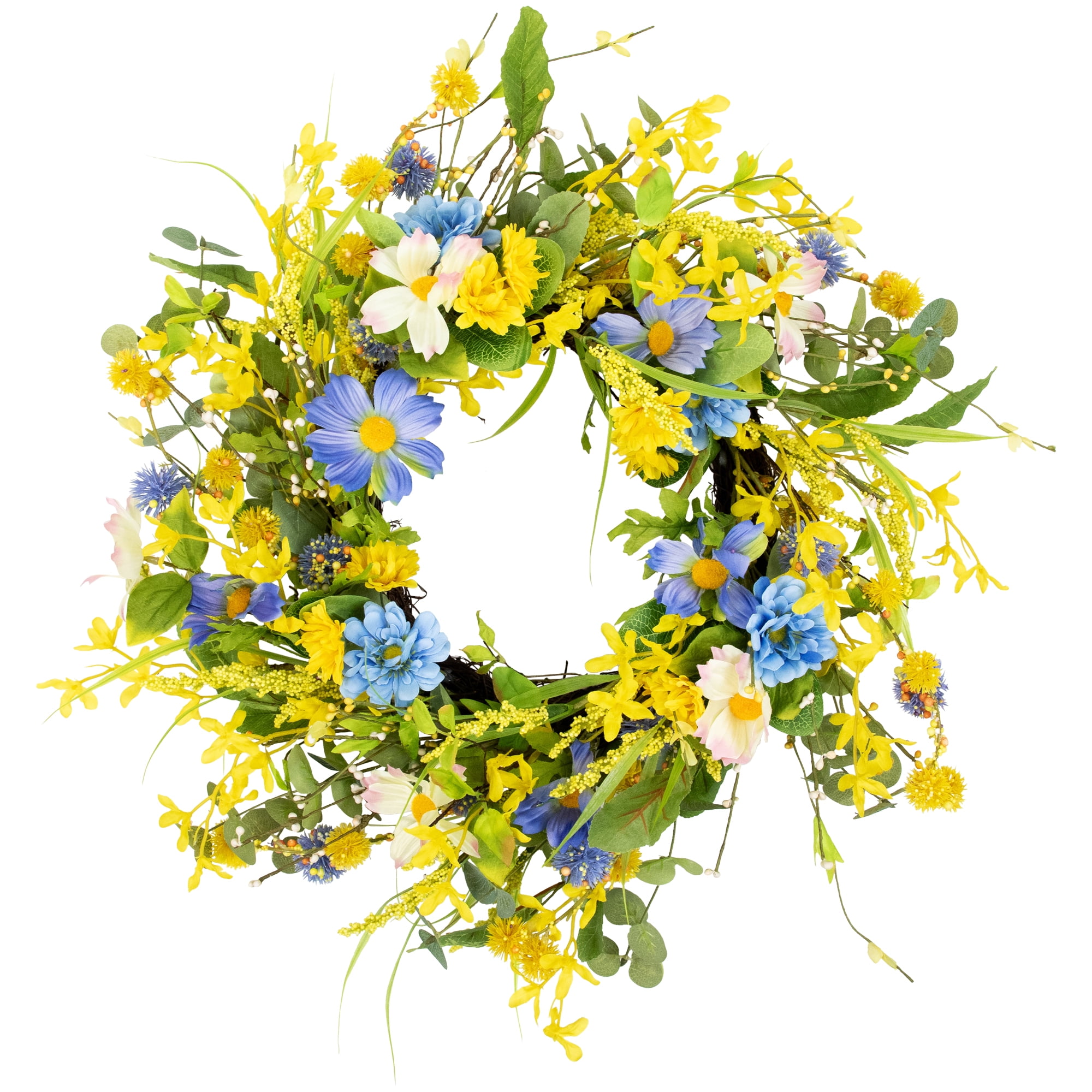 Northlight Daisy and Cosmos Floral Spring Wreath - 24" - Yellow and Blue