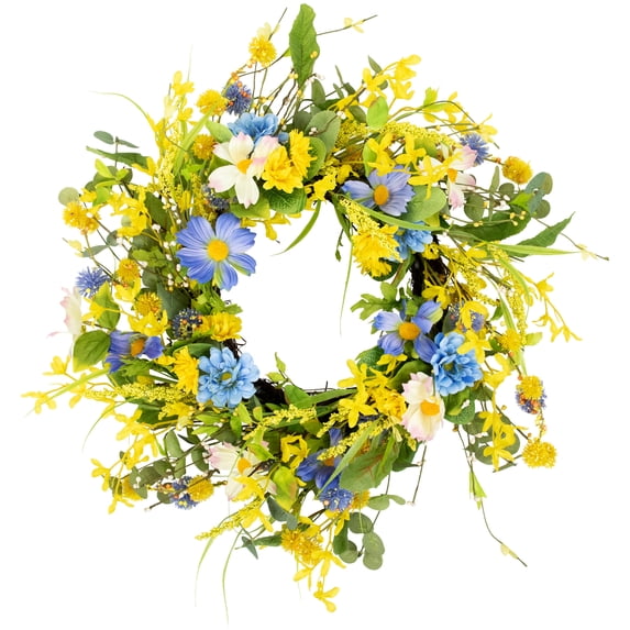 Northlight Daisy and Cosmos Floral Spring Wreath - 24" - Yellow and Blue