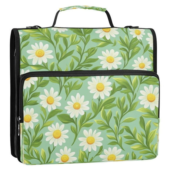 Daisy and Leaf Pattern 3-Ring Binder Bag 13.6x12.4x3.5in Water-Resistant Canvas for School or Office Use