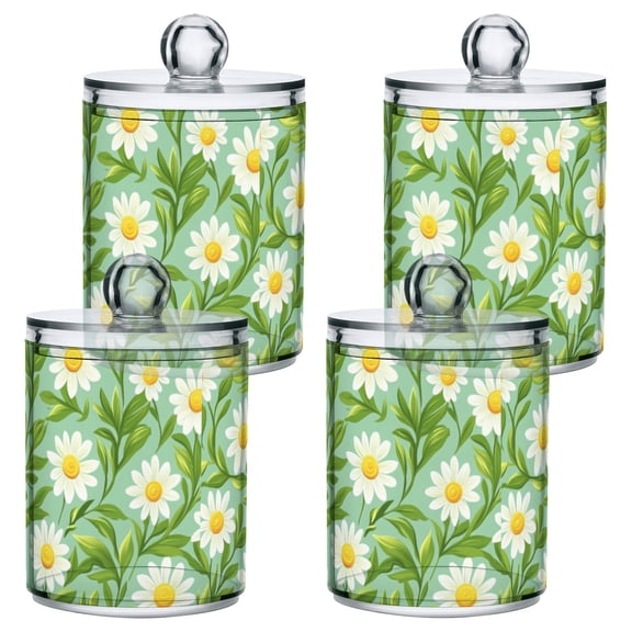 Daisy and Leaf Pattern Bathroom Canisters Set of 4 Translucent Plastic Storage for Cotton Pads and Floss