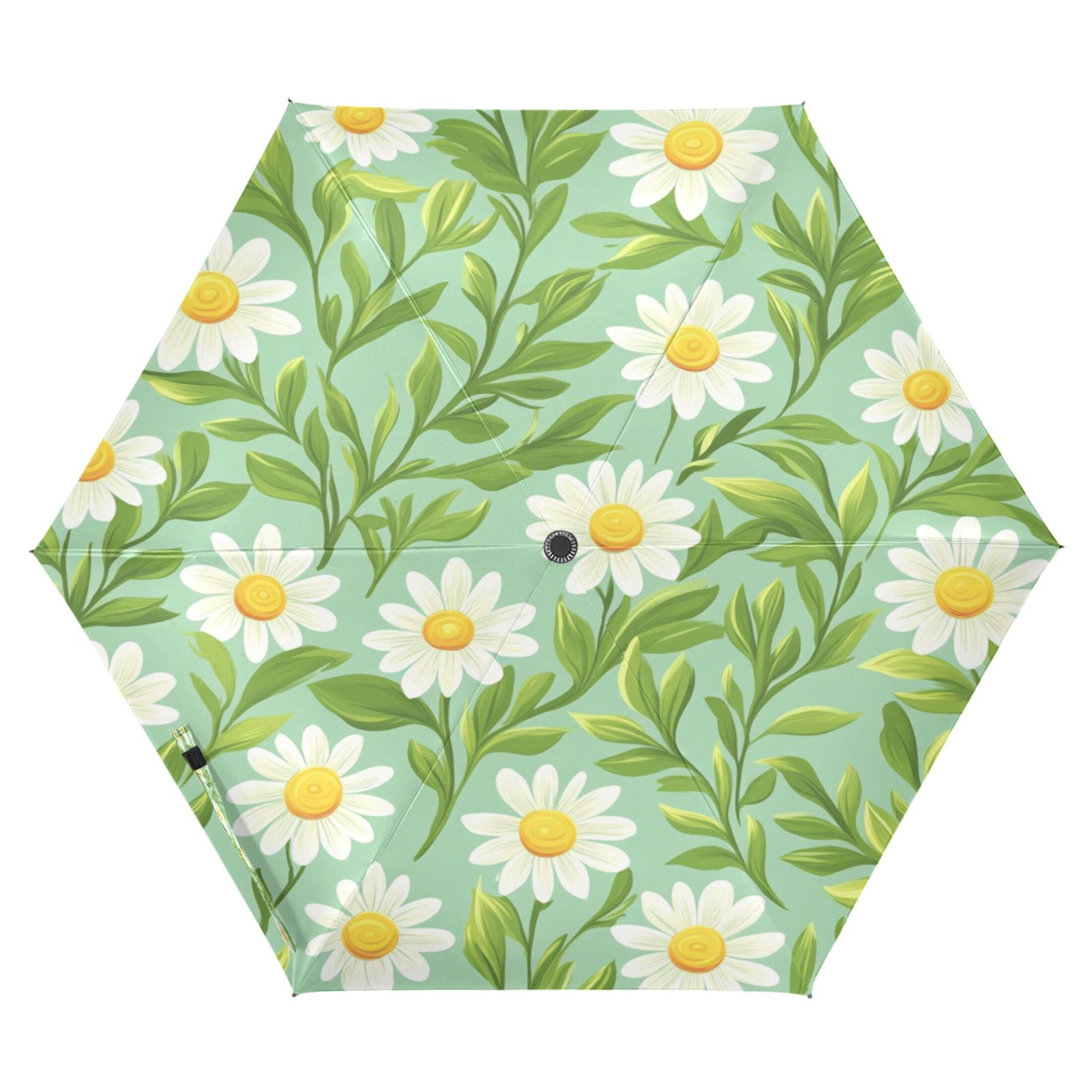 Daisy and Leaf Pattern Folding Umbrella UV50+ Waterproof Sun Protection Auto Open Close Compact Fiberglass Frame