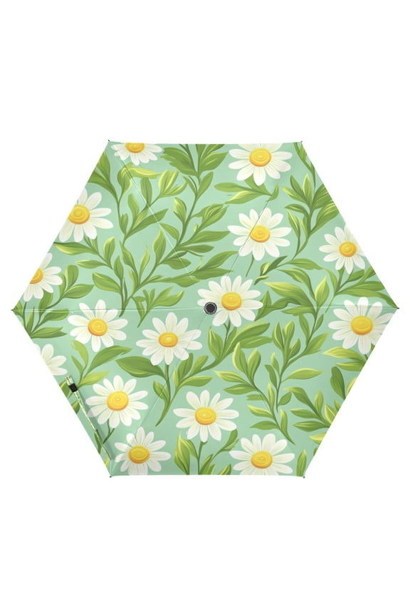 Daisy and Leaf Pattern Folding Umbrella UV50+ Waterproof Sun Protection Auto Open Close Compact Fiberglass Frame