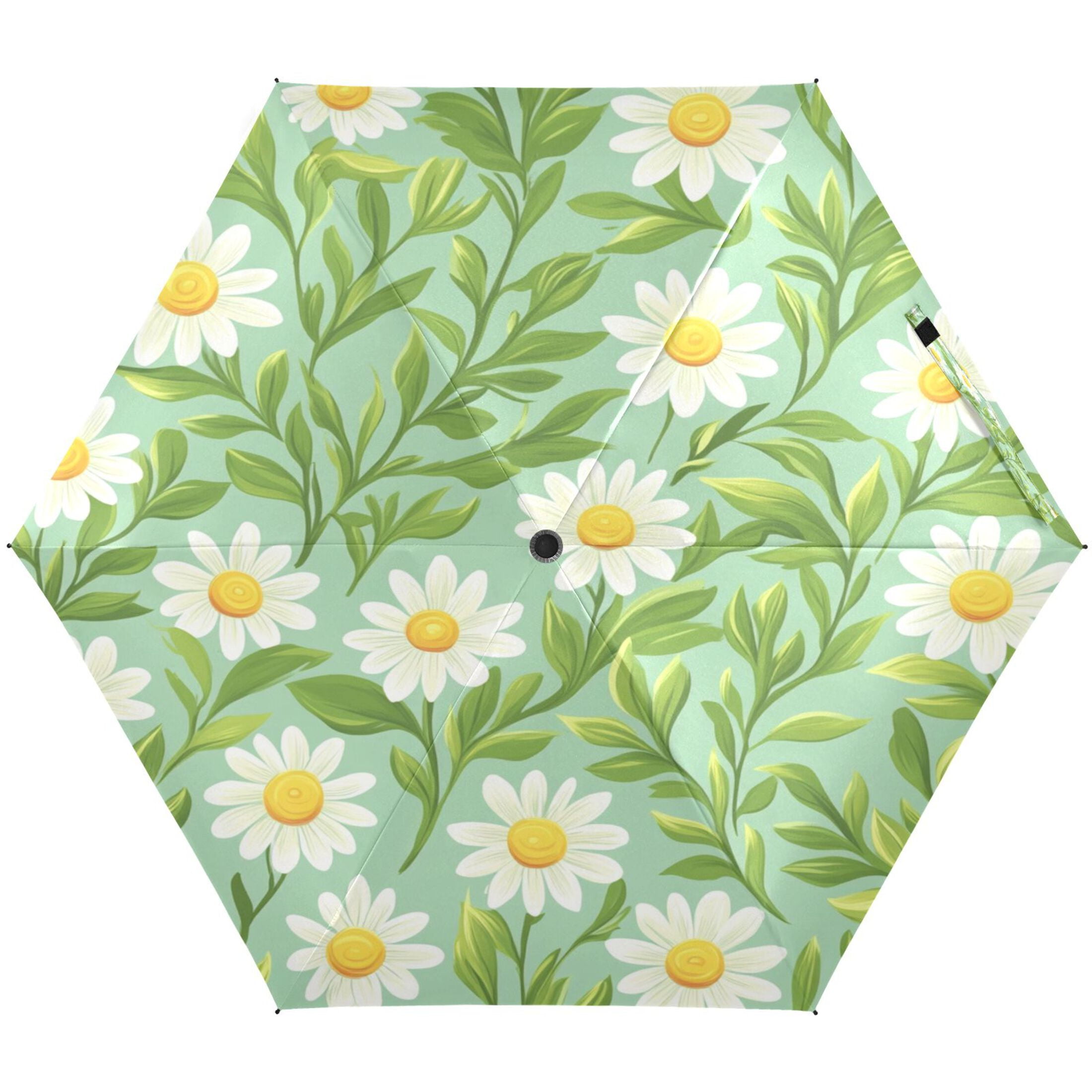 Daisy and Leaf Pattern Umbrellas for Sun Auto Open Close UV50+ Waterproof 5-Fold Compact Fiberglass Frame