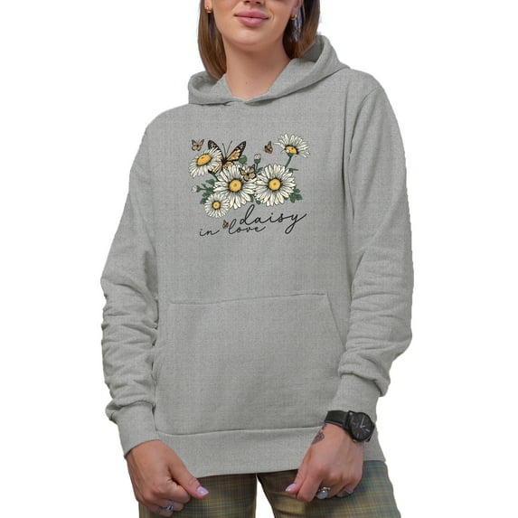 Daisy in Love Pun Quote with Daisies & Butterflies Art Merch Gift, Heather Grey Hooded Sweatshirt or Hoodie, Medium