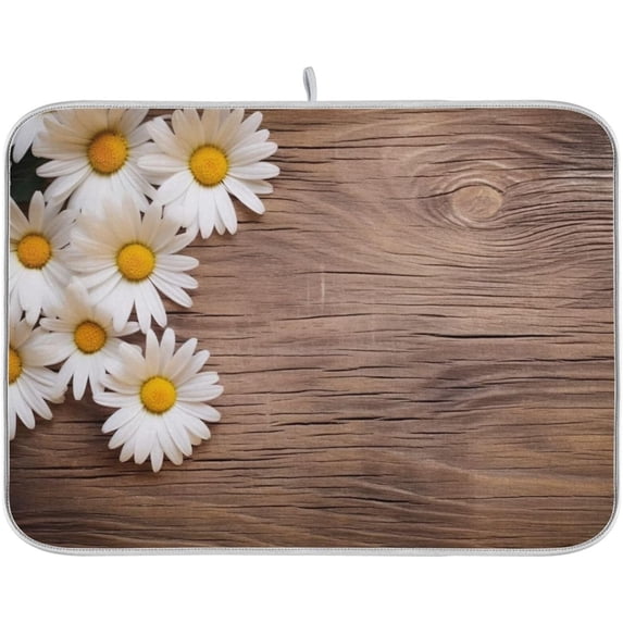 Daisy on Wood Dish Drying Mat, Absorbent Microfiber Pad Protector For Kitchen Counter Top Mat Dish Drainboard 18x24in Home Decor