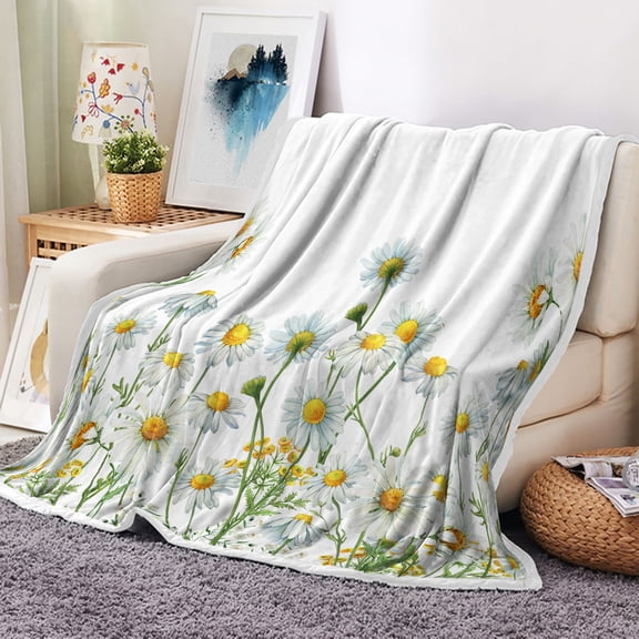 Daisy throw blanket, white floral fleece blanket spring plant weighted throw blankets for couch beds 60 X 50 inch