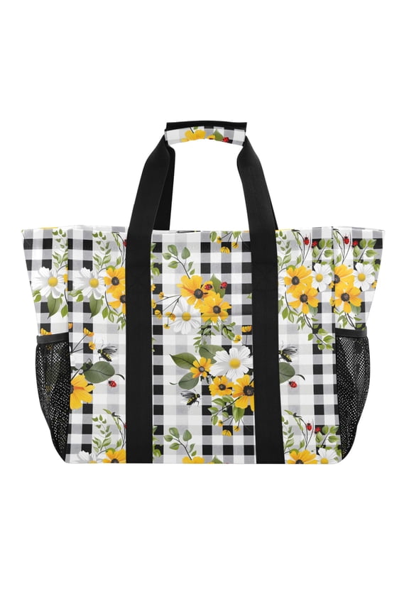 Daisy with Insects Reusable Grocery Bags with Handle Side Pocket Waterproof Shopping Portable Tote