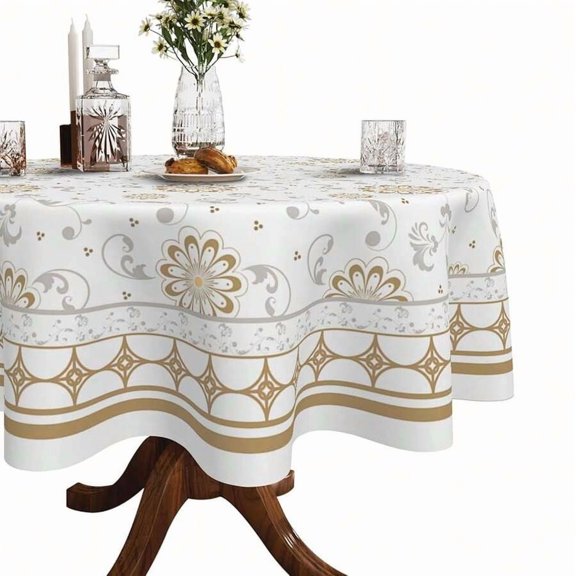 DaisyFlower Print Round Tablecloth 60 Inch, Waterproof Canvas Table Cover With Elegant Floral & Scroll Design, Wrinkle Stain Resistant