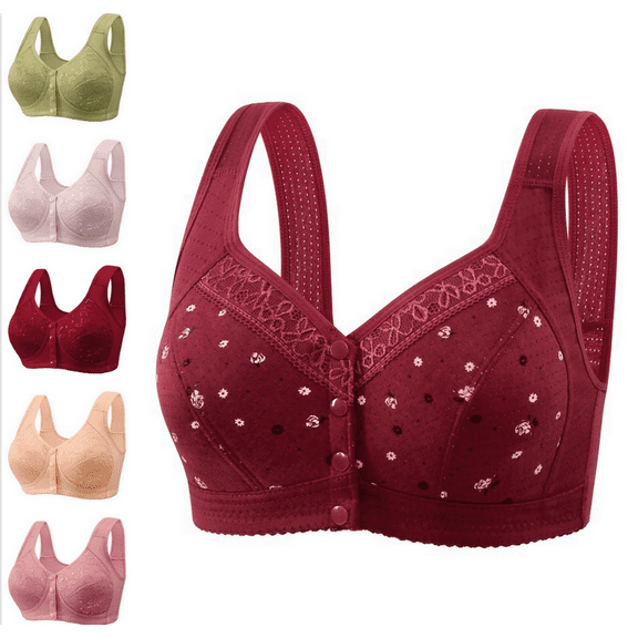 Daisyy Bras for Women Front Closure Cycling Comfort-Strap Charm Seniors Bralette Wireless Plus Size Older Women Bra - Deep Red,40