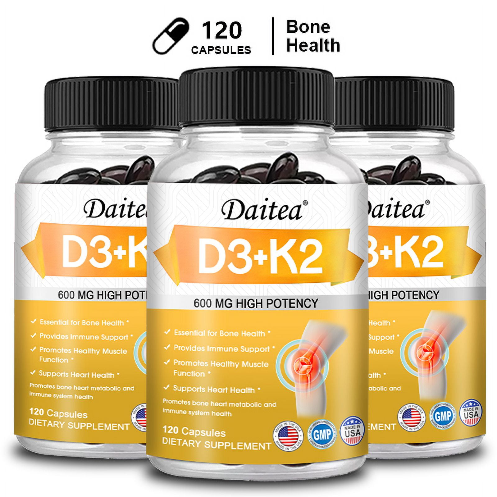 Daitea D3+K2 Capsules, 5000 IU Vitamin D3, Dietary Supplement to Support Bone, Heart, Muscle and