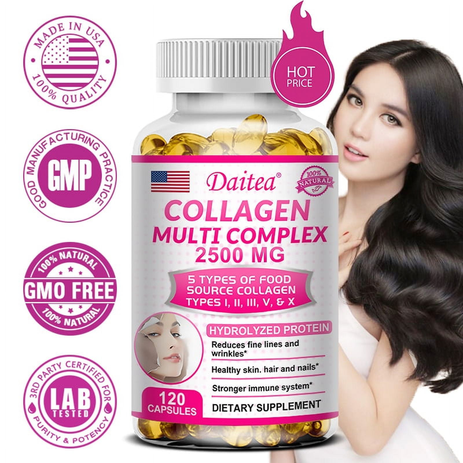 Daitea Multi Collagen Peptides 2500 mg, 30/60/120 Capsules - Types I ...