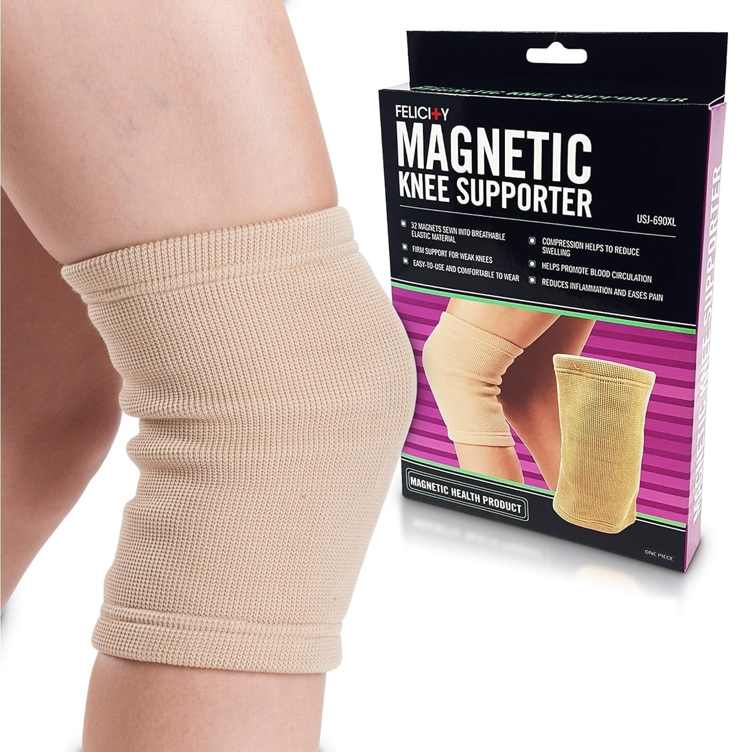 Daiwa Felicity Knee Compression Sleeve Magnetic Brace for Arthritis, Joint Pain, and Injury Recovery, Beige - HSA/FSA Eligible. Provides uniform support for the entire knee (Medium)