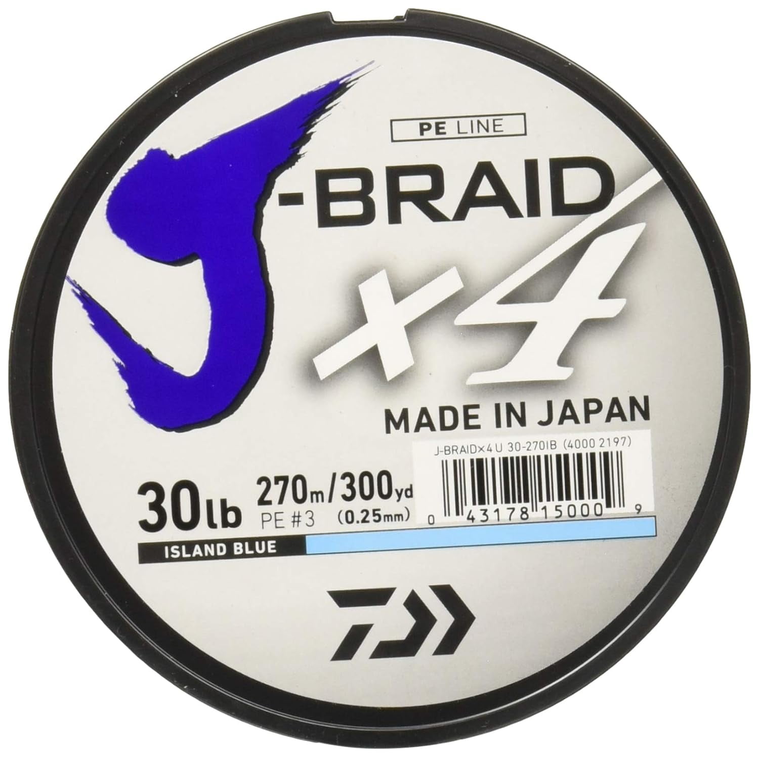 Daiwa J-Braid X4 300 Yard Spool 40LB Test, Island Blue