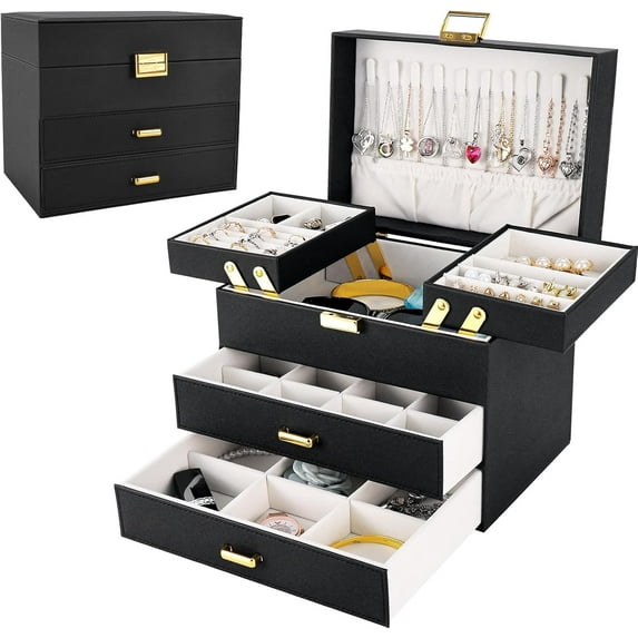 Dajasan Boxes for Women Girls, Holder Organizer Box, 4 Layers Large Storage Organizer for Earring, Ring, Bracelets (Black)