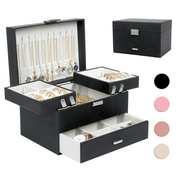 Dajasan Jewelry Boxes for Women Girls, Jewelry Organizer Box, 3 Layers Jewelry Storage Organizer for Earring, Ring, Necklace, Bracelets (Black) C104