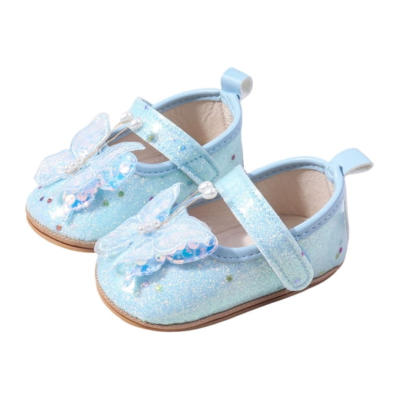 Dakaela 0-12M Baby Girls Glitter Mary Jane Flats Infant Bowknot Princess Wedding Dress Shoes Toddler Non Slip First Walkers Newborn Crib Shoes Blue