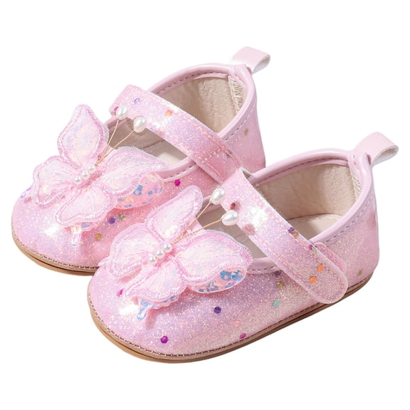 Dakaela 0-12M Baby Girls Glitter Mary Jane Flats Infant Bowknot Princess Wedding Dress Shoes Toddler Non Slip First Walkers Newborn Crib Shoes Pink