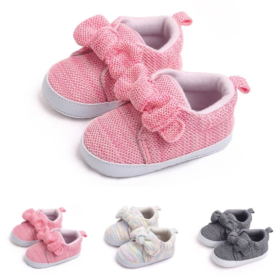 Dakaela 0-18M Baby Barefoot Walking Shoes Infant Boys Girls Bow Knit Sneakers Newborn Crib Flats Shoes with Hook and Loop Grey