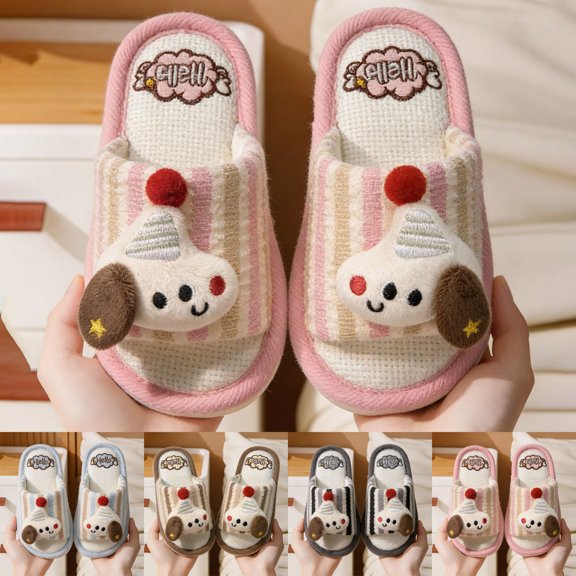 Dakaela 2-10Y Kids Open Toe Plush Slippers Cute Puppy Plush Toy Cloud Slides for Boys Girls Embroidery Slip On Winter Warm House Shoes