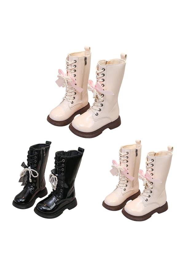 2-12Y Girls Leather Knee High Boots Lace up Pearl Bow Combat Boot Side Zipper Furry Lined Mid Calf Riding Booties Beige