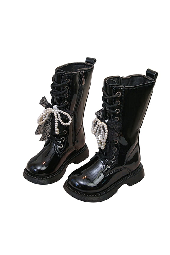 2-12Y Girls Leather Knee High Boots Lace up Pearl Bow Combat Boot Side Zipper Furry Lined Mid Calf Riding Booties Black