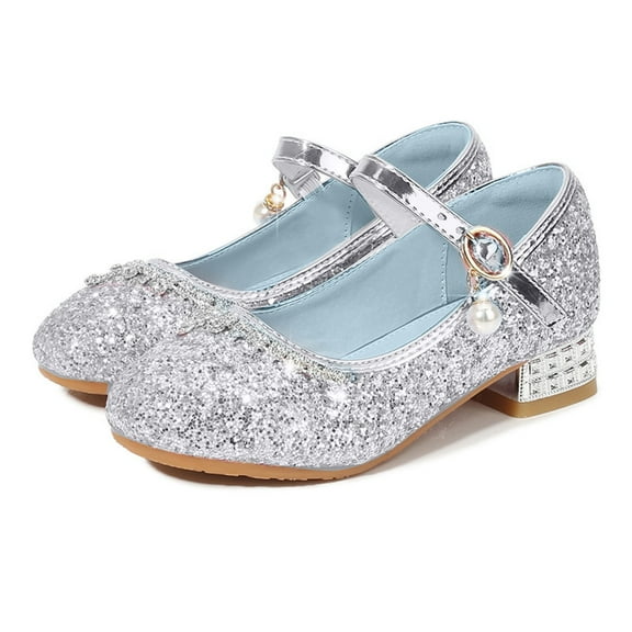 Dakaela 3-11Y Girl's Dress Shoes Mary Jane Glitter Low Heel Princess Flats Rhinestone Party Wedding Prom Footwear with Ankle Strap Silver