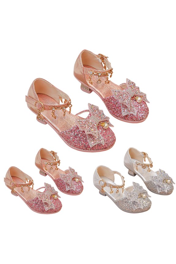 3-12Y Girls Dress Pumps Glitter Sequins Princess Low Heels Rhinestone Ankle Strap Wedding Party Dress Shoes Red