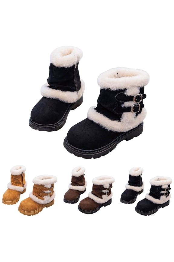 3-12Y Girls Fold over Snow Boots Kids Fleece Lined Buckles Mid Calf Dress Booties Toddler Side Zipper Suede Winter Shoes Black 9
