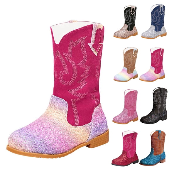 Dakaela 3-12Y Toddler Girls Cowboy Boots Toddler Glitter Cowgirl Western Mid Calf Booties Little Big Kids Rhinestone Walking Riding Shoes Black 9
