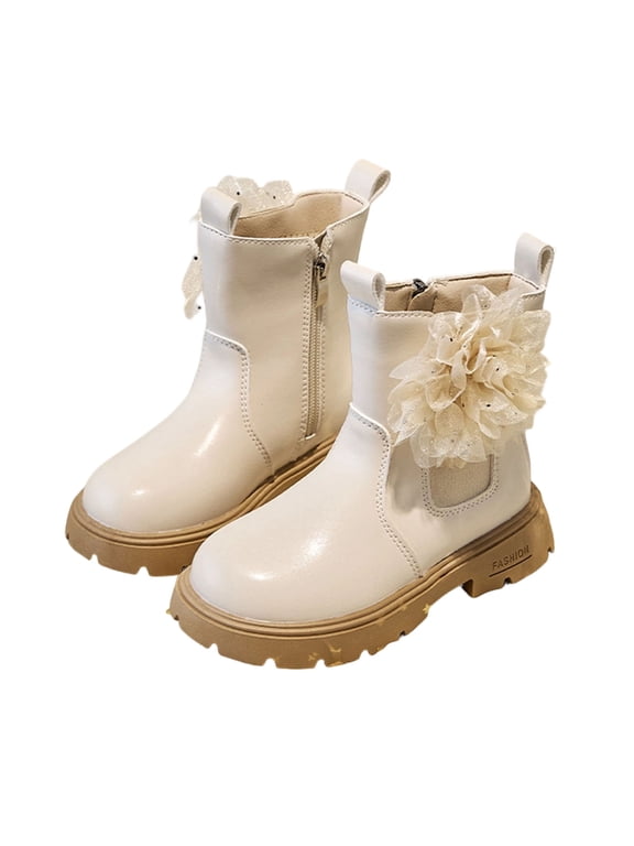 3.5-11.5Y 3D Flower Ankle Boots for Girls Side Zipper Chunky Lug Sole Fall Winter Kids Chelsea Short Booties