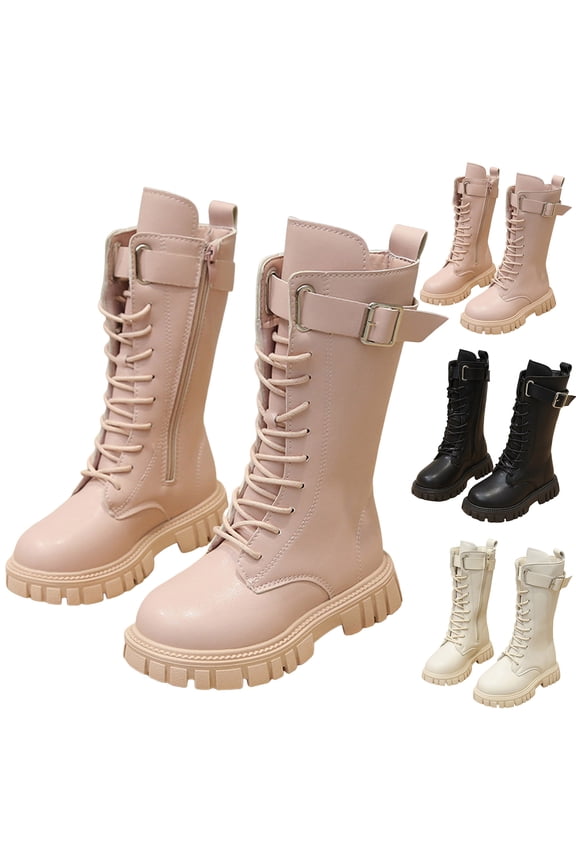 4-12Y Girl's Knee High Boots Lace up Side Zipper Combat Booties Winter Fashion Buckle Non Slip Long Riding Boot for Little Big Kid Black