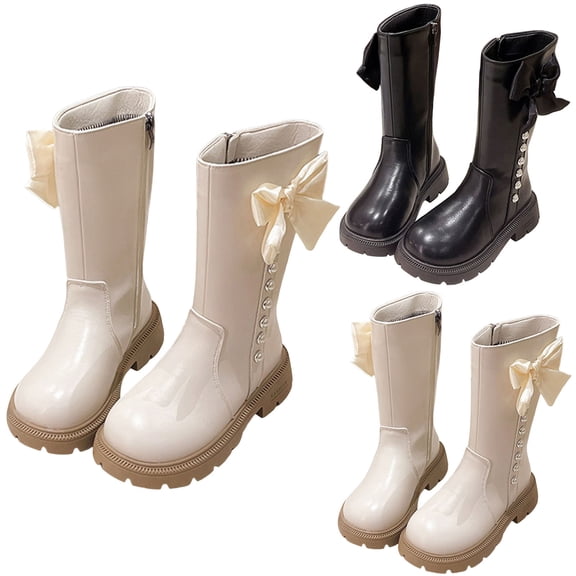 Dakaela 4-12Y Kids Girls Knee High Boots Cute Bowknot Leather Tall Riding Boot Side Zipper Fashion Fall Winter Dress Shoes Black