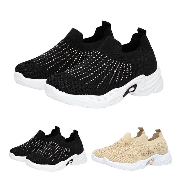 Dakaela 4-13Y Toddler Rhinestone Slip on Sneakers Boys Girls Sparkly Arch Support Walking Running Tennis Shoes for Outdoor Athletic Sports Beige