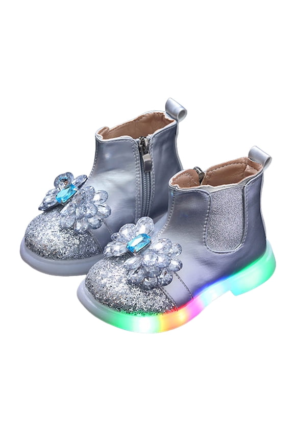 6M-6Y Baby Girls Glitter Ankle Boots Light up Toddler Chelsea Work Booties Side Zipper Soft Sole Kids Outdoor Walking Shoes Silver