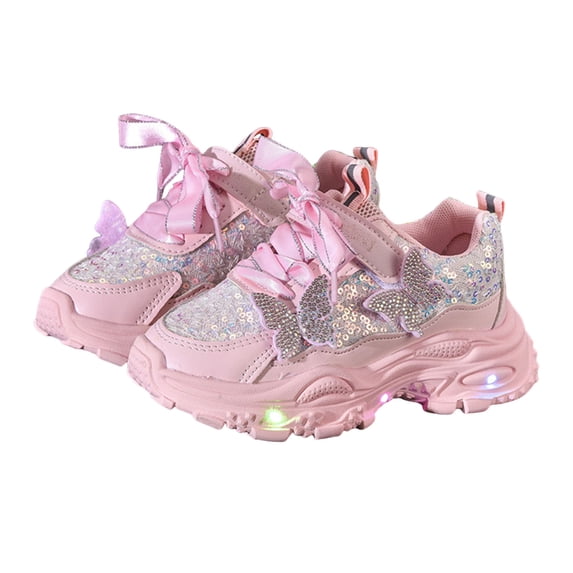 Dakaela 6M-6Y Girls Light Up Sneakers Sparkly Rhinestone Bow Thick Cushioned Sole Running Shoes for Toddler Little Kids