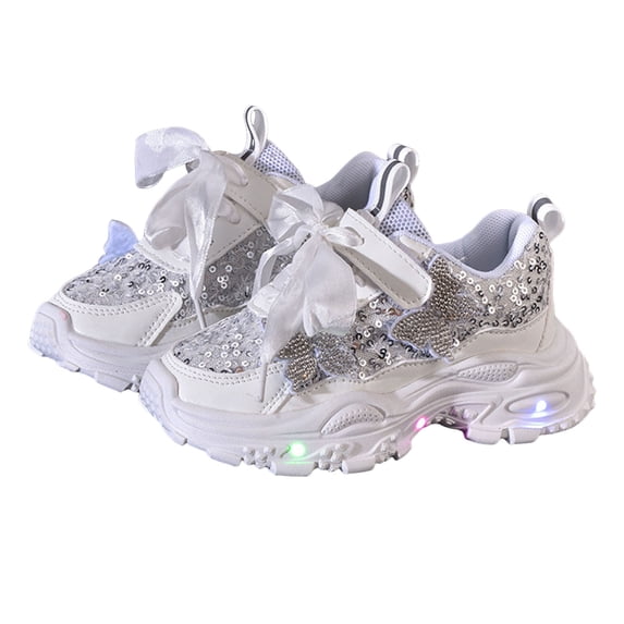 Dakaela 6M-6Y Girls Light Up Sneakers Sparkly Rhinestone Bow Thick Cushioned Sole Running Shoes for Toddler Little Kids