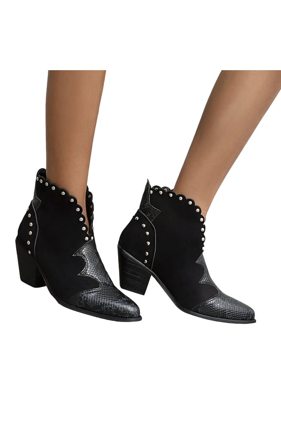 Ankle Boots for Women V Cut Retro Western Slip on Short Booties Chunky Heel Wedding Party Goth Dress Shoes Black 7