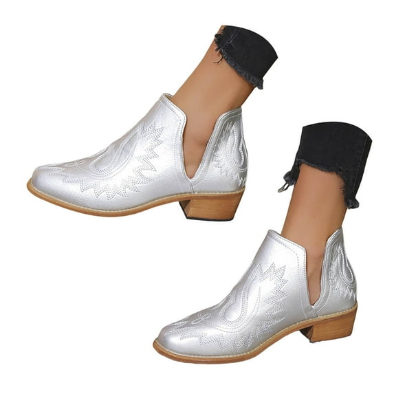 Dakaela Ankle Cowboy Boots for Women Western Cowgirl Booties Embroidered Chunky Heels Slip on Shoes
