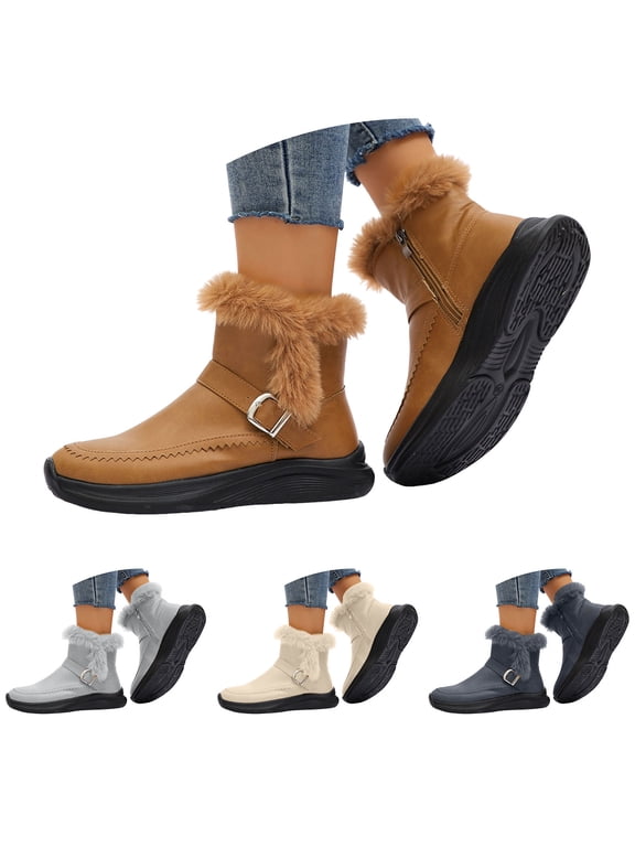 Ankle Winter Mini Boots for Women Fleece Lined Furry Snow Booties Leather Warm Slip on Walking Work Shoes Blue 6