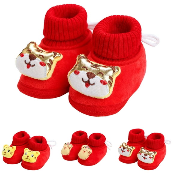 Dakaela Baby Booties Newborn Boys Girls Non Slip Fleece Boots Slipper Socks Infant First Walker Winter Crib Shoes Red Size 4.5